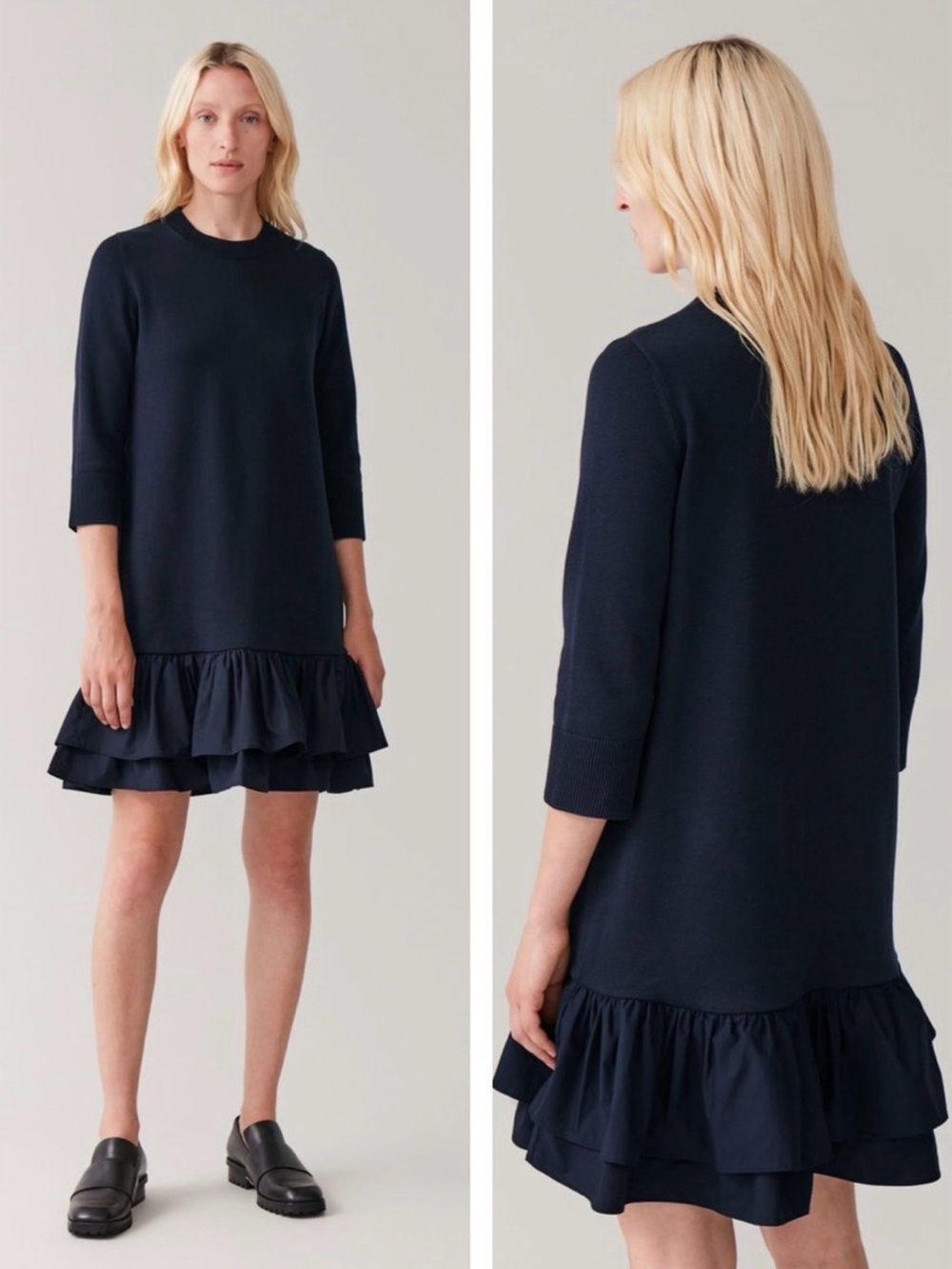 COS Navy Blue Knitted MIDI Dress with Woven Pleats. Size Large.